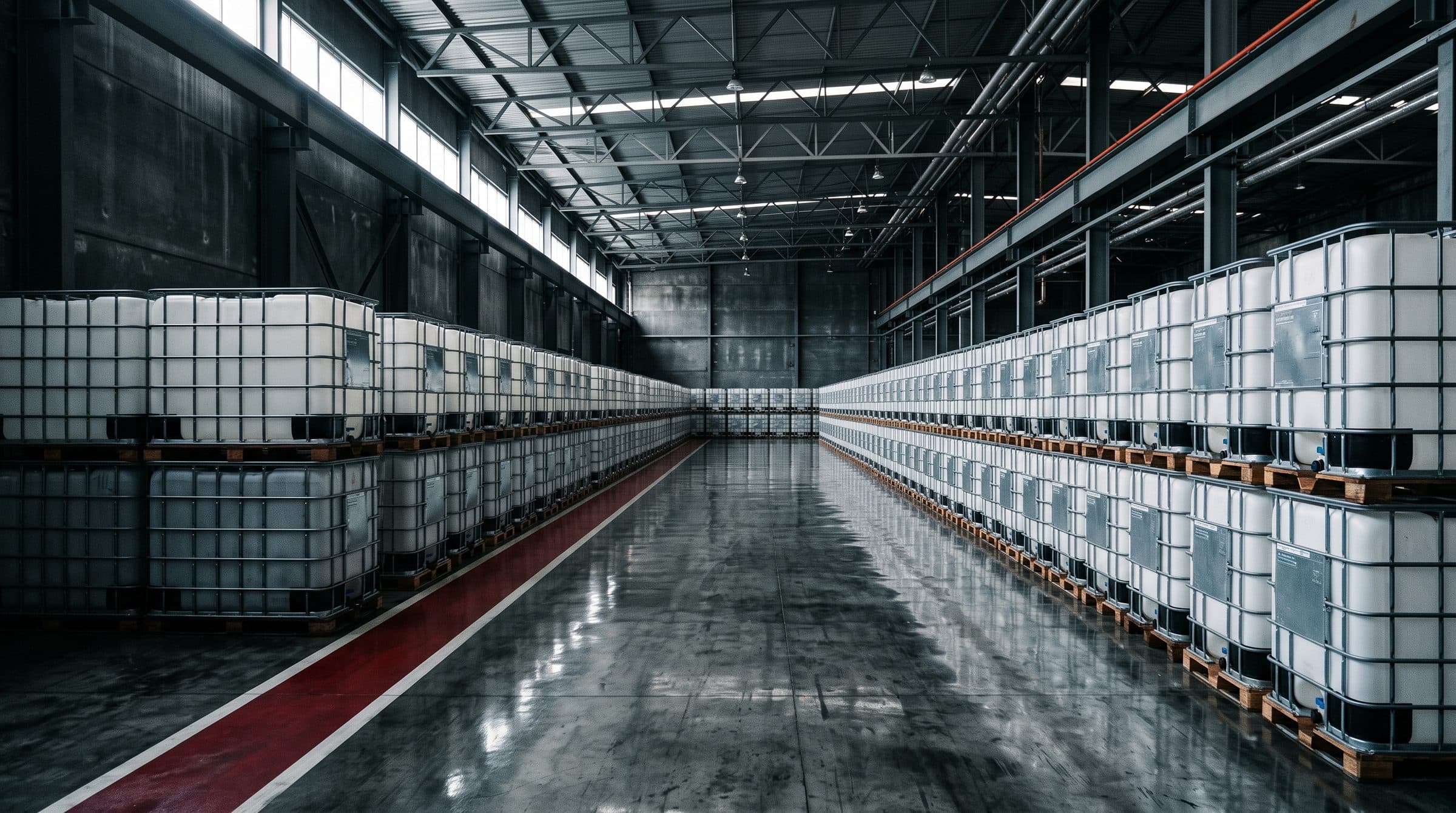 Rows of reconditioned IBC totes in a warehouse